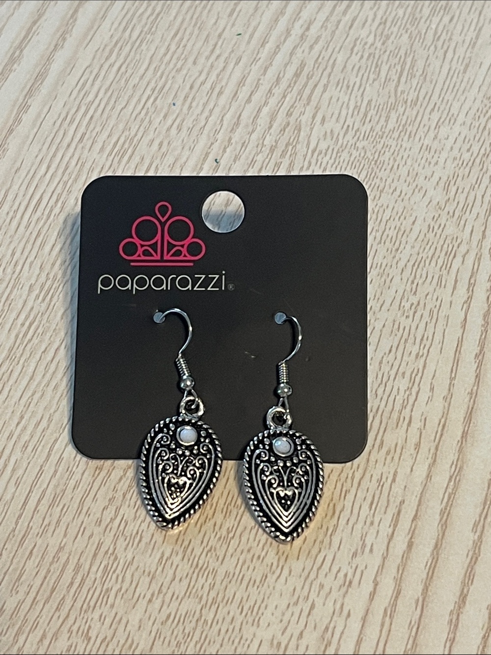 Paparazzi Silver Teardrop Filigree Earrings with White Cabochon